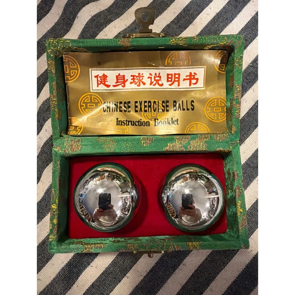 Vintage Baoding Chinese Exercise Balls Chrome Chimes Green Brocade Box Set